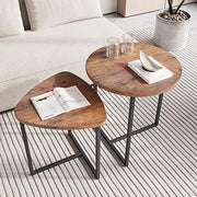Nesting Side Tables Set of 2, Round End Tables with Rustic Brown Wood Look Top and Black Metal Frame, Space V1338-WAK0060