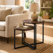 Nesting Side Tables Set of 2, Round End Tables with Rustic Brown Wood Look Top and Black Metal Frame, Space V1338-WAK0060