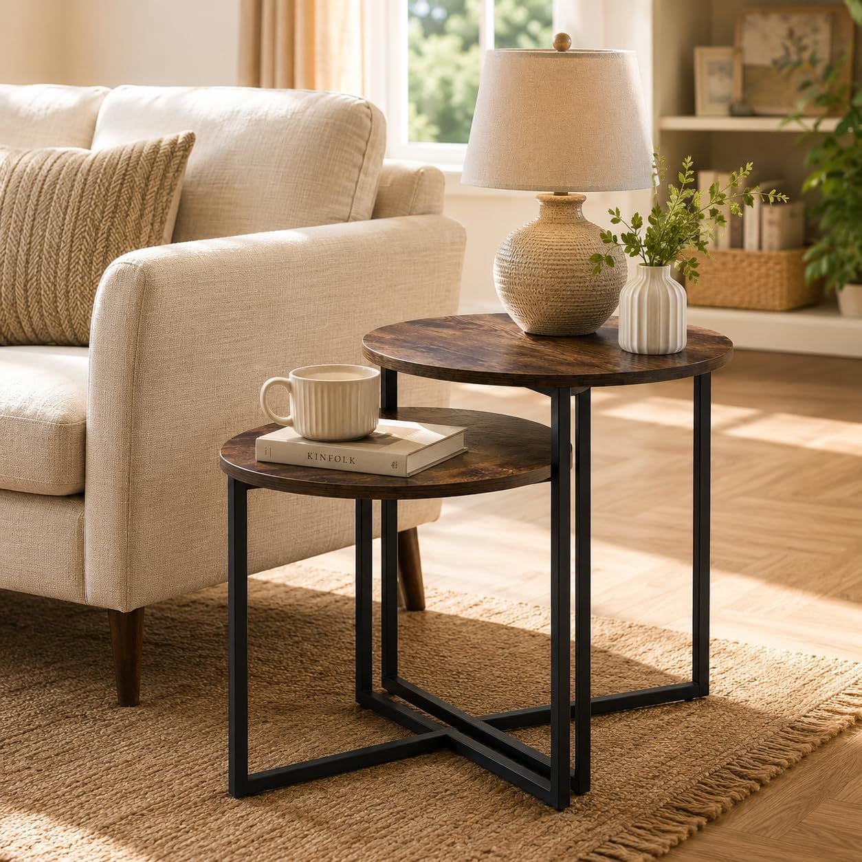 Nesting Side Tables Set of 2, Round End Tables with Rustic Brown Wood Look Top and Black Metal Frame, Space V1338-WAK0060