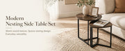 Nesting Side Tables Set of 2, Round End Tables with Rustic Brown Wood Look Top and Black Metal Frame, Space V1338-WAK0060