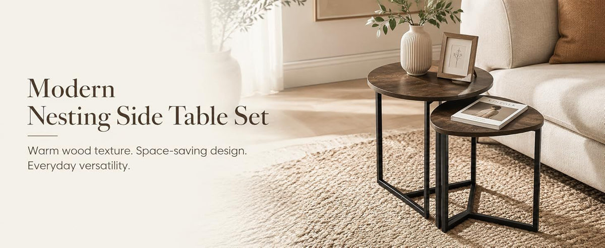 Nesting Side Tables Set of 2, Round End Tables with Rustic Brown Wood Look Top and Black Metal Frame, Space V1338-WAK0060