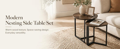 Nesting Side Tables Set of 2, Round End Tables with Rustic Brown Wood Look Top and Black Metal Frame, Space V1338-WAK0060
