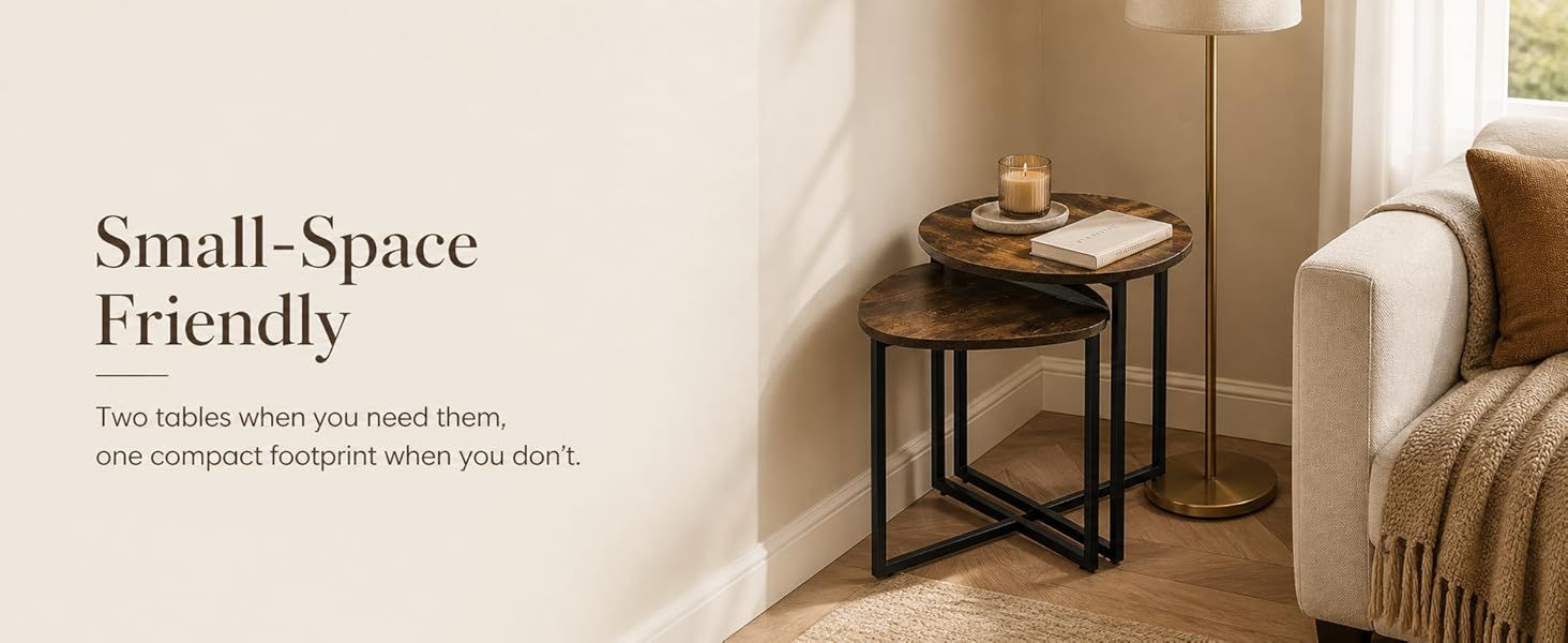 Nesting Side Tables Set of 2, Round End Tables with Rustic Brown Wood Look Top and Black Metal Frame, Space V1338-WAK0060