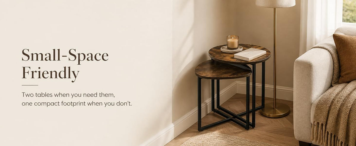 Nesting Side Tables Set of 2, Round End Tables with Rustic Brown Wood Look Top and Black Metal Frame, Space V1338-WAK0060