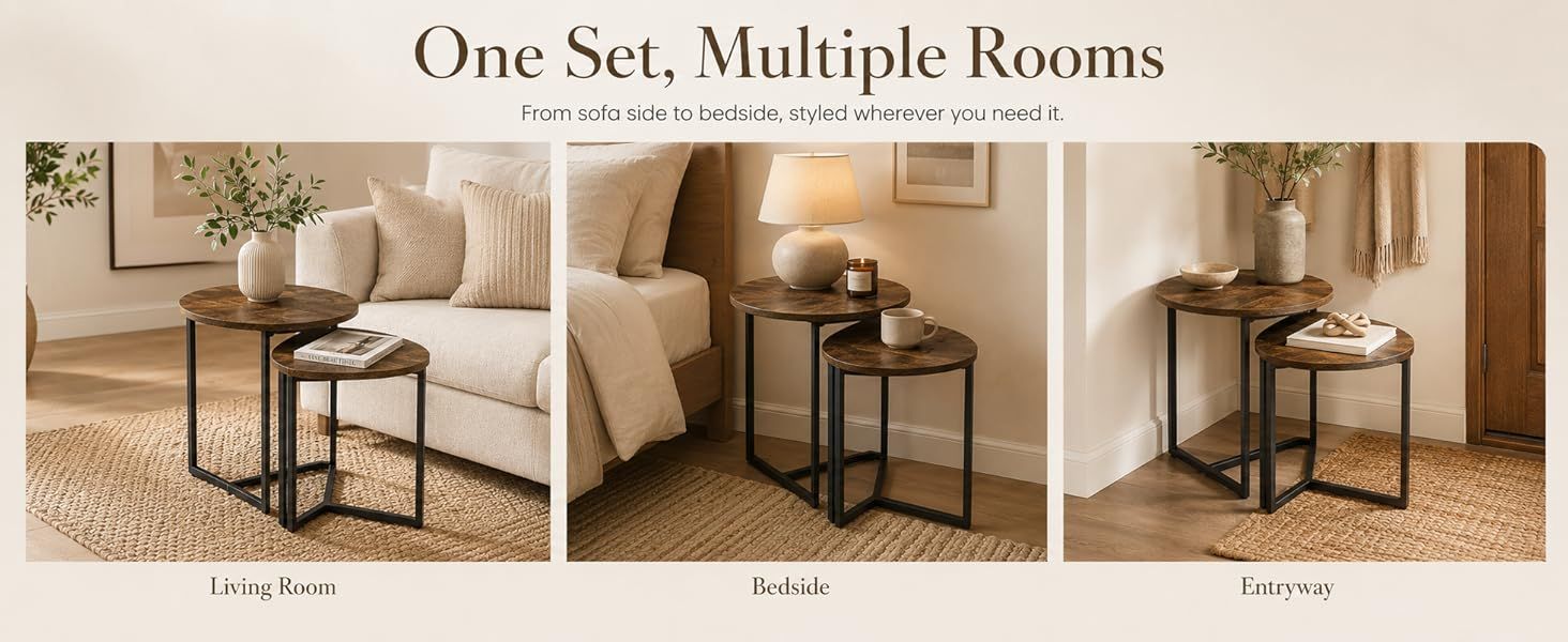 Nesting Side Tables Set of 2, Round End Tables with Rustic Brown Wood Look Top and Black Metal Frame, Space V1338-WAK0060