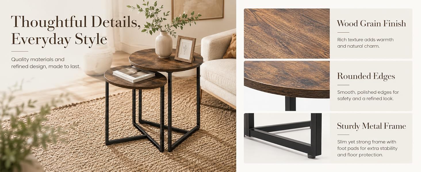 Nesting Side Tables Set of 2, Round End Tables with Rustic Brown Wood Look Top and Black Metal Frame, Space V1338-WAK0060