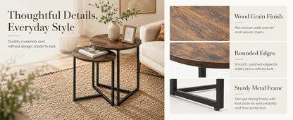 Nesting Side Tables Set of 2, Round End Tables with Rustic Brown Wood Look Top and Black Metal Frame, Space V1338-WAK0060