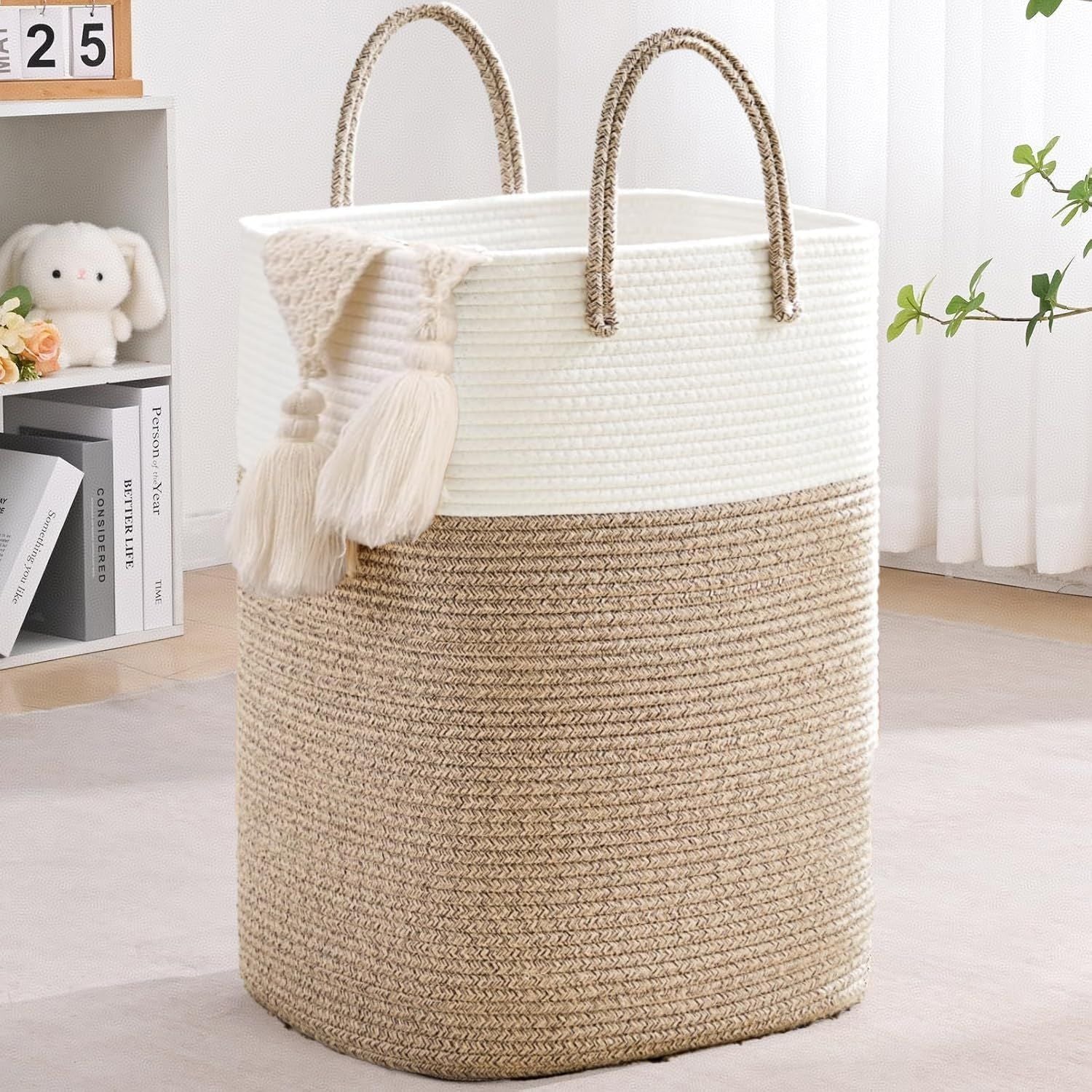 60L Cotton Rope Laundry Hamper Tall Woven Laundry Basket with Handles, Collapsible Clothes Hamper for V1338-WAK0061