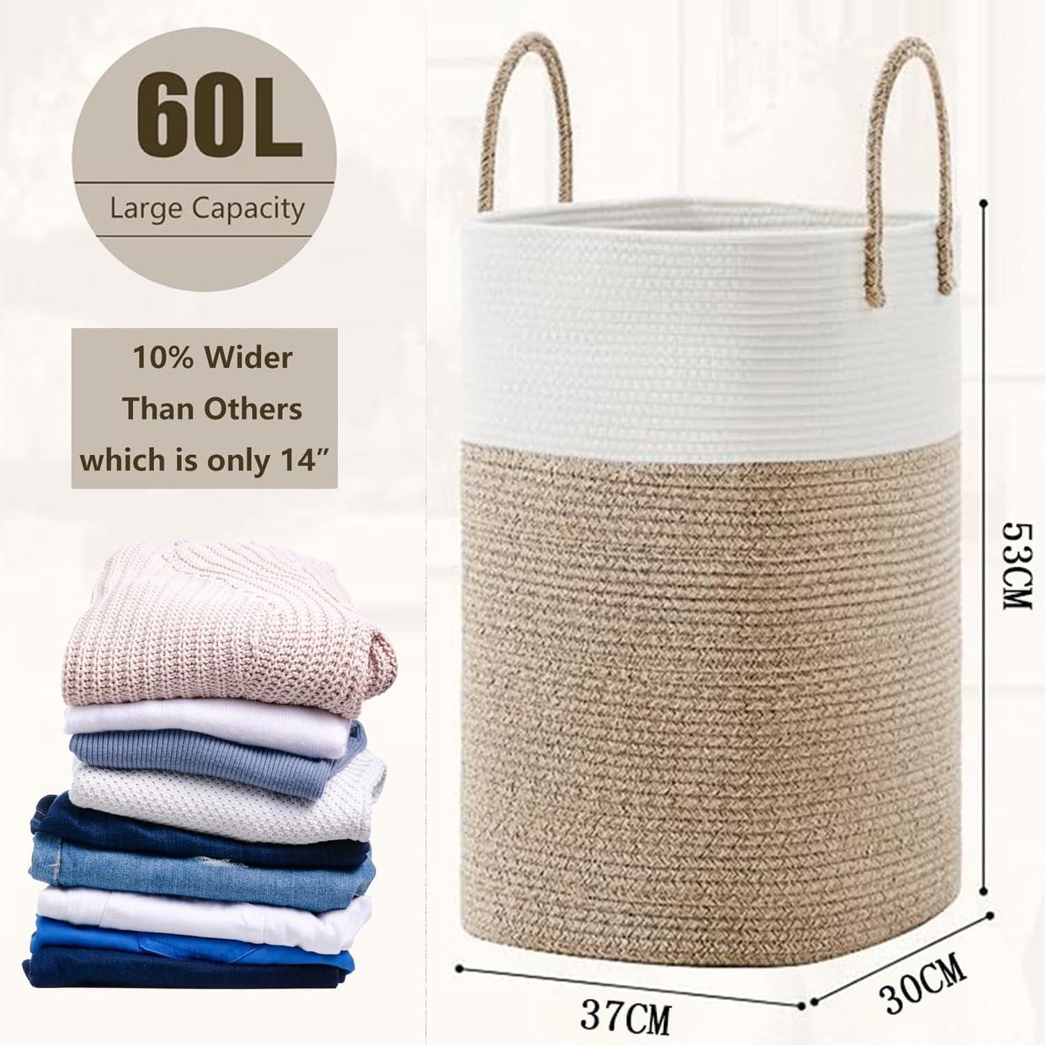 60L Cotton Rope Laundry Hamper Tall Woven Laundry Basket with Handles, Collapsible Clothes Hamper for V1338-WAK0061