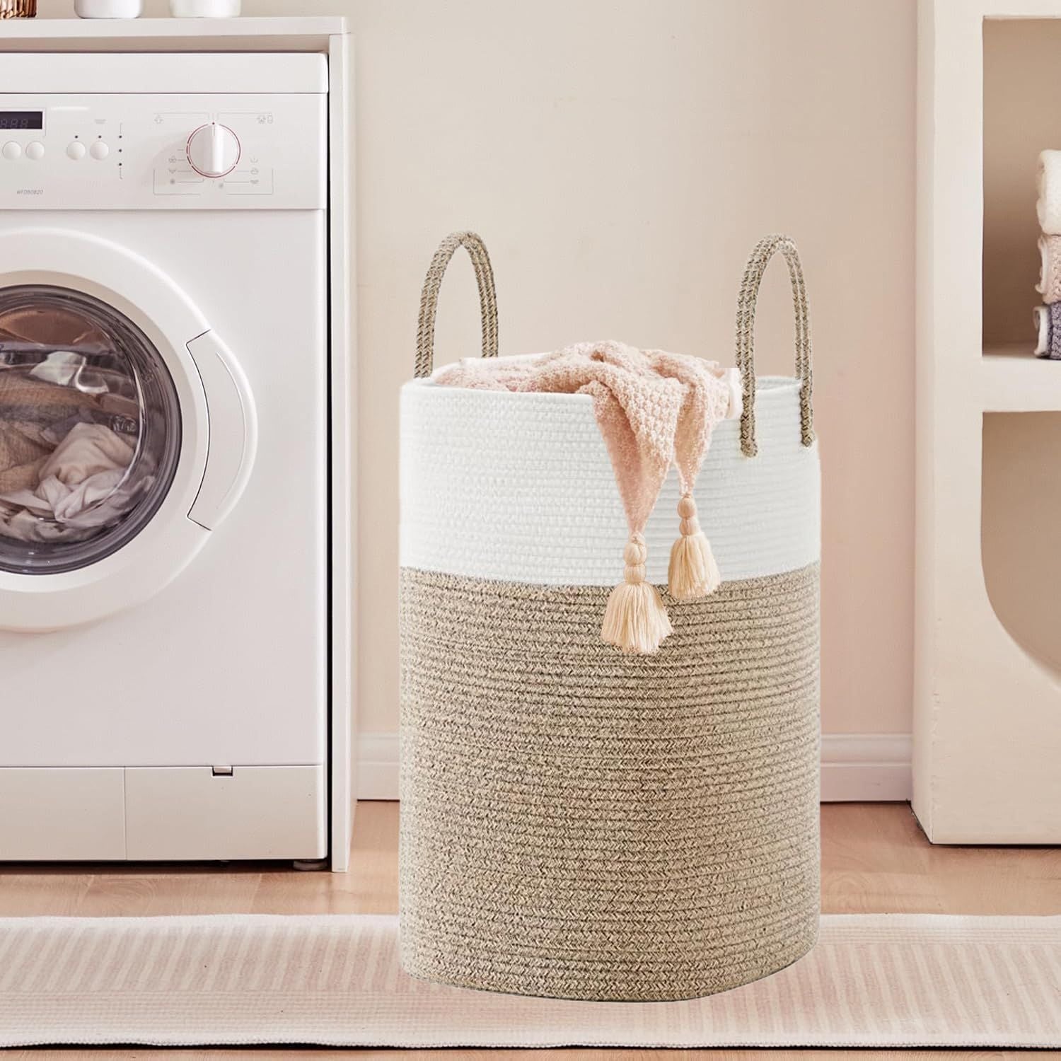 60L Cotton Rope Laundry Hamper Tall Woven Laundry Basket with Handles, Collapsible Clothes Hamper for V1338-WAK0061