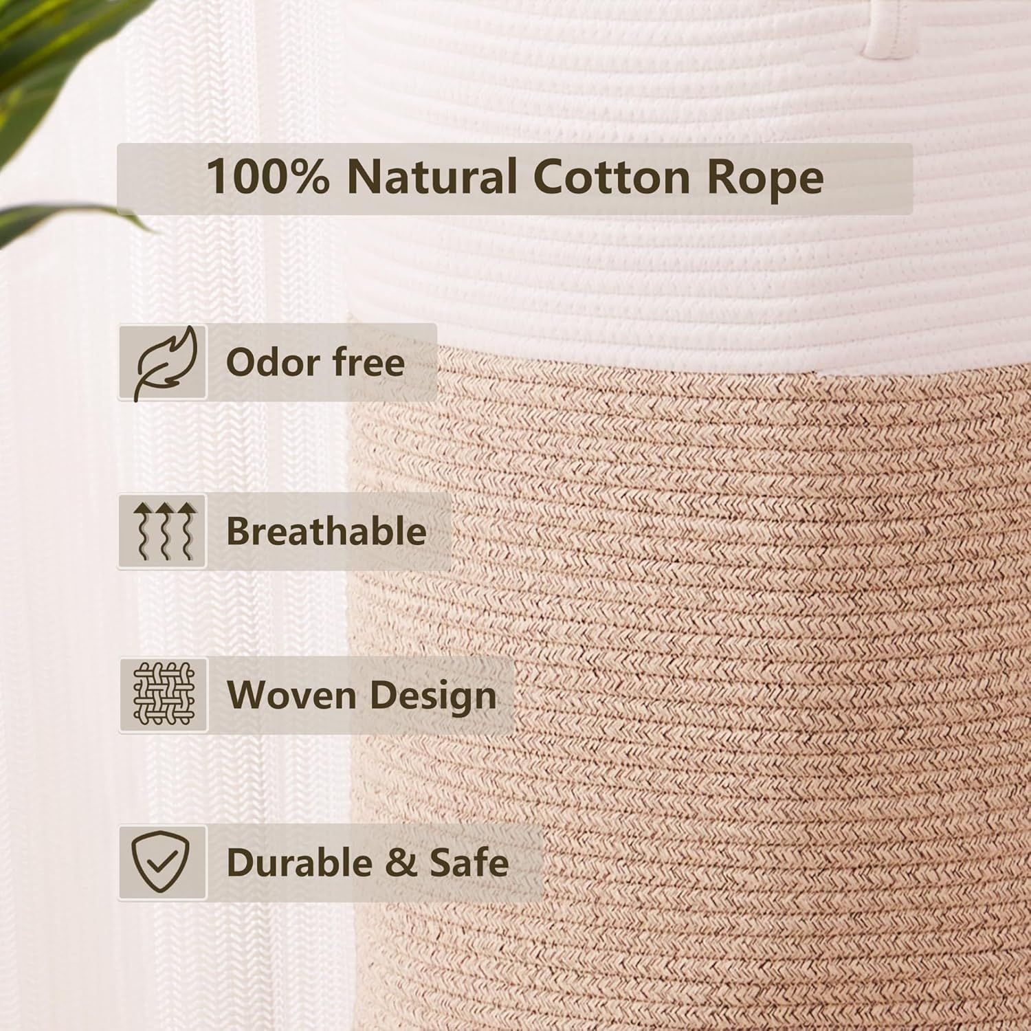60L Cotton Rope Laundry Hamper Tall Woven Laundry Basket with Handles, Collapsible Clothes Hamper for V1338-WAK0061