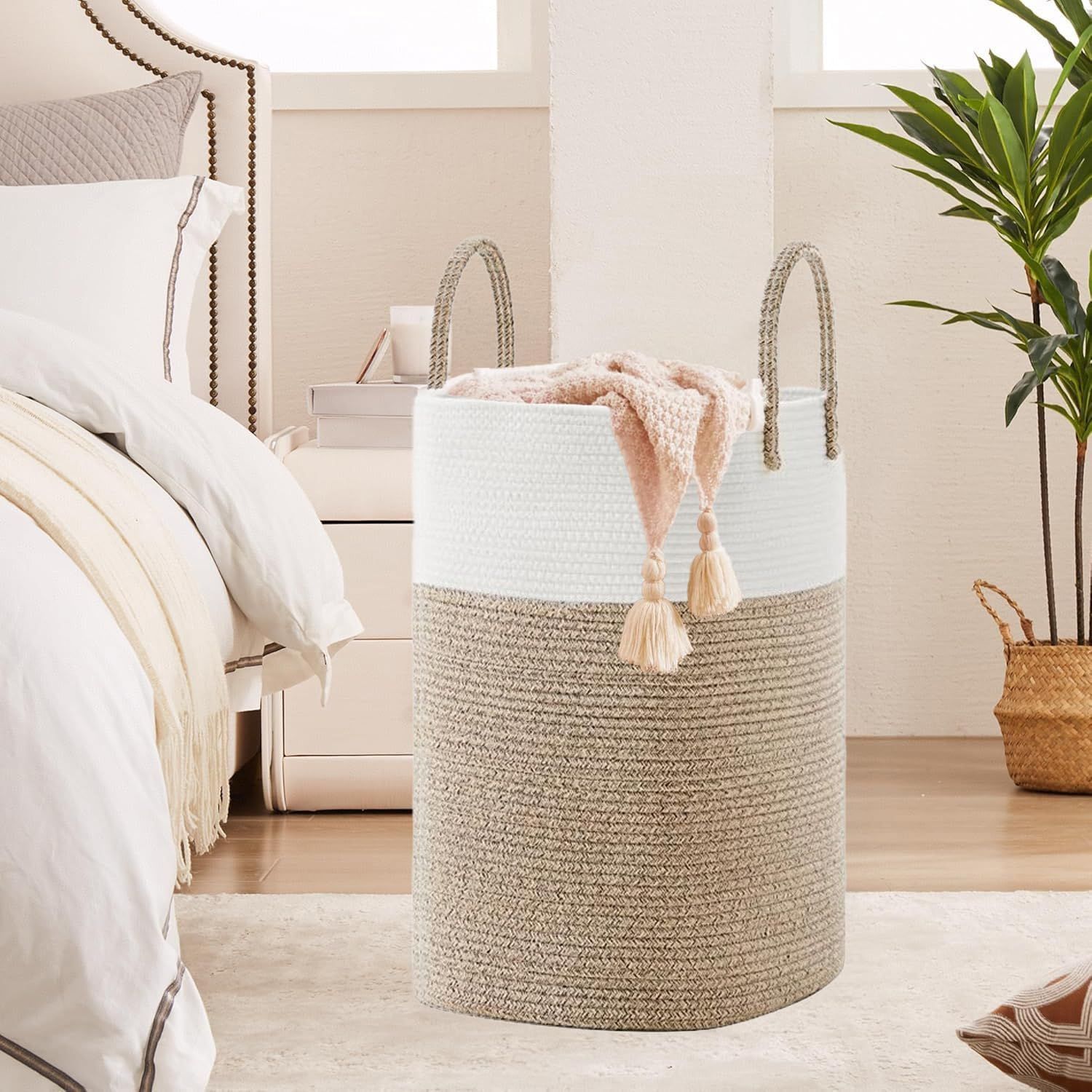 60L Cotton Rope Laundry Hamper Tall Woven Laundry Basket with Handles, Collapsible Clothes Hamper for V1338-WAK0061