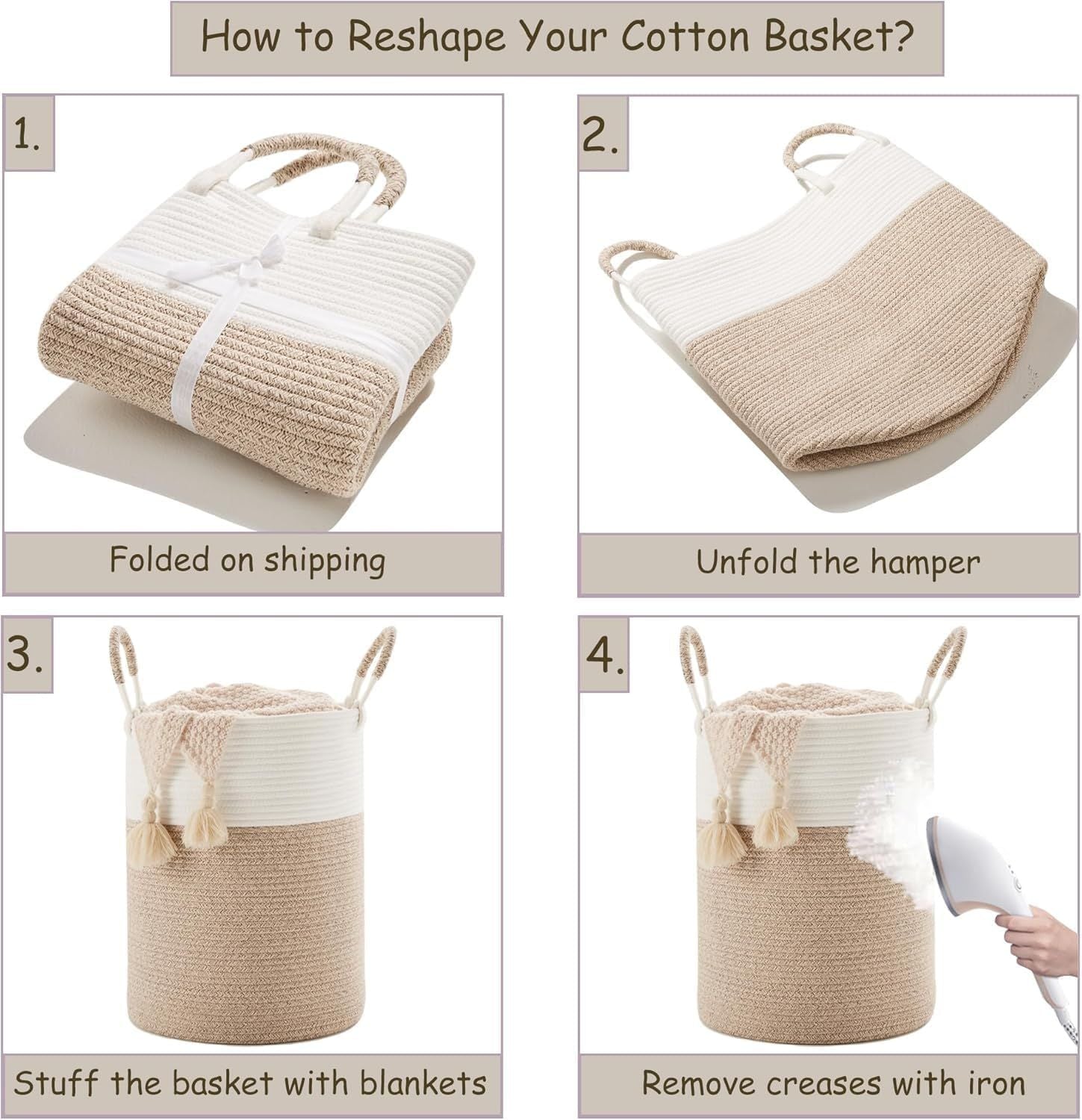 60L Cotton Rope Laundry Hamper Tall Woven Laundry Basket with Handles, Collapsible Clothes Hamper for V1338-WAK0061