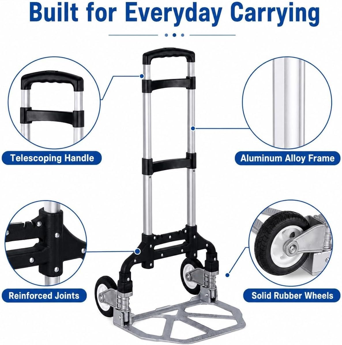 Folding Hand Truck, 1 Pack Portable Dolly Cart with Telescoping Handle, Lightweight Aluminum Alloy Foldable V1338-WAK0073