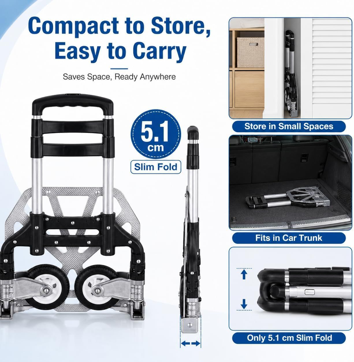 Folding Hand Truck, 1 Pack Portable Dolly Cart with Telescoping Handle, Lightweight Aluminum Alloy Foldable V1338-WAK0073
