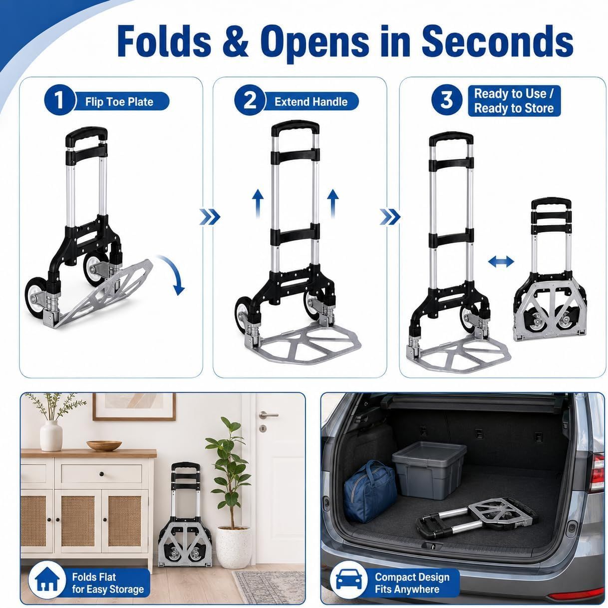 Folding Hand Truck, 1 Pack Portable Dolly Cart with Telescoping Handle, Lightweight Aluminum Alloy Foldable V1338-WAK0073