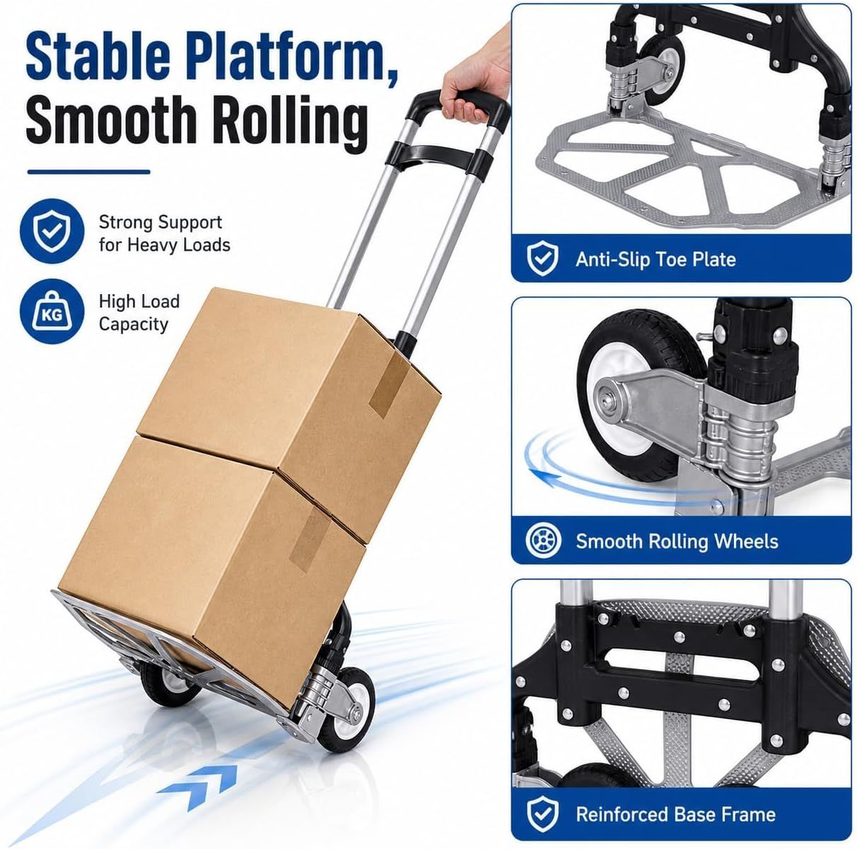 Folding Hand Truck, 1 Pack Portable Dolly Cart with Telescoping Handle, Lightweight Aluminum Alloy Foldable V1338-WAK0073