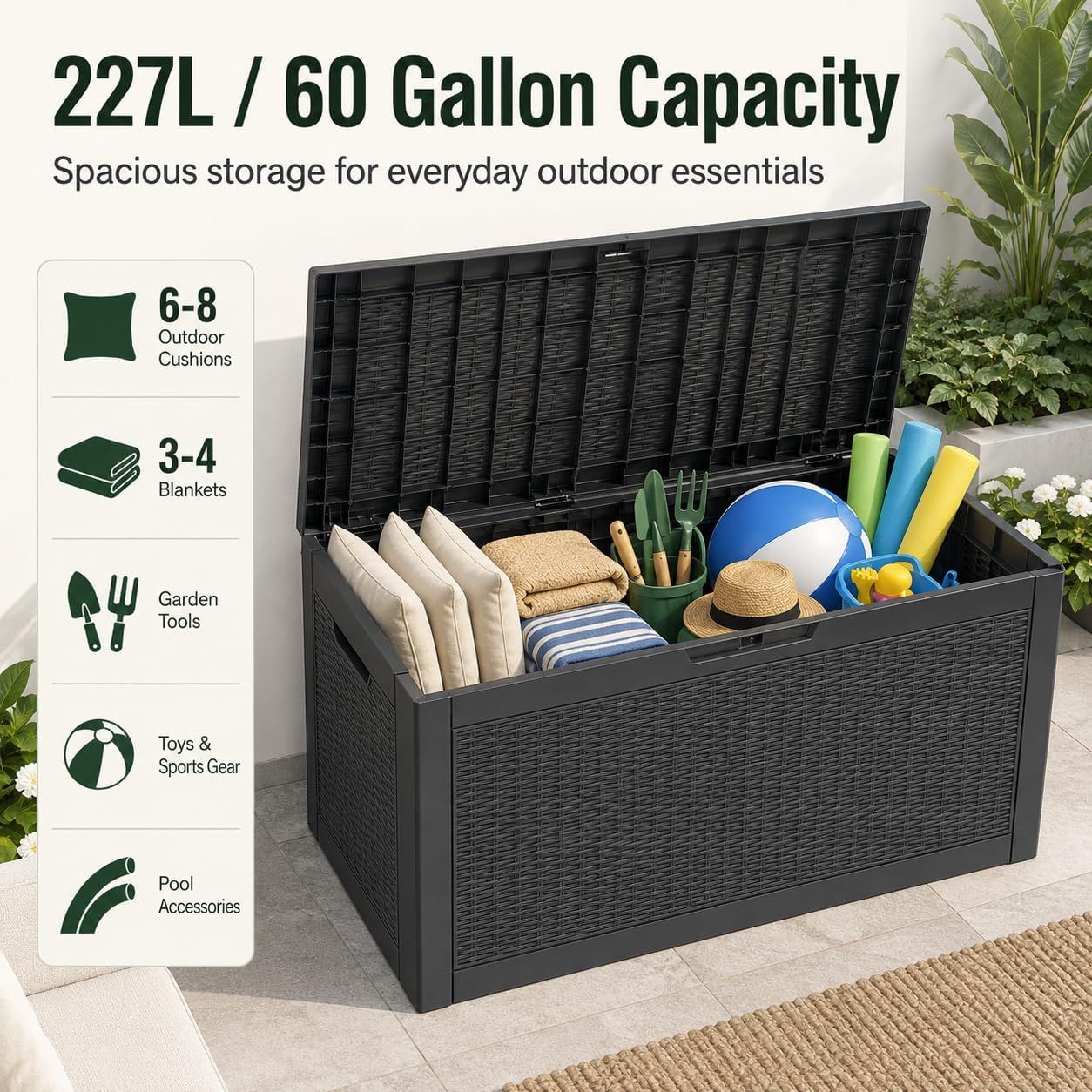 60 Gallon Outdoor Storage Deck Box, 227L Resin Patio Storage Box with Lockable Lid, Waterproof-Look Rattan V1338-WAK0074