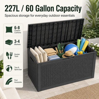 60 Gallon Outdoor Storage Deck Box, 227L Resin Patio Storage Box with Lockable Lid, Waterproof-Look Rattan V1338-WAK0074