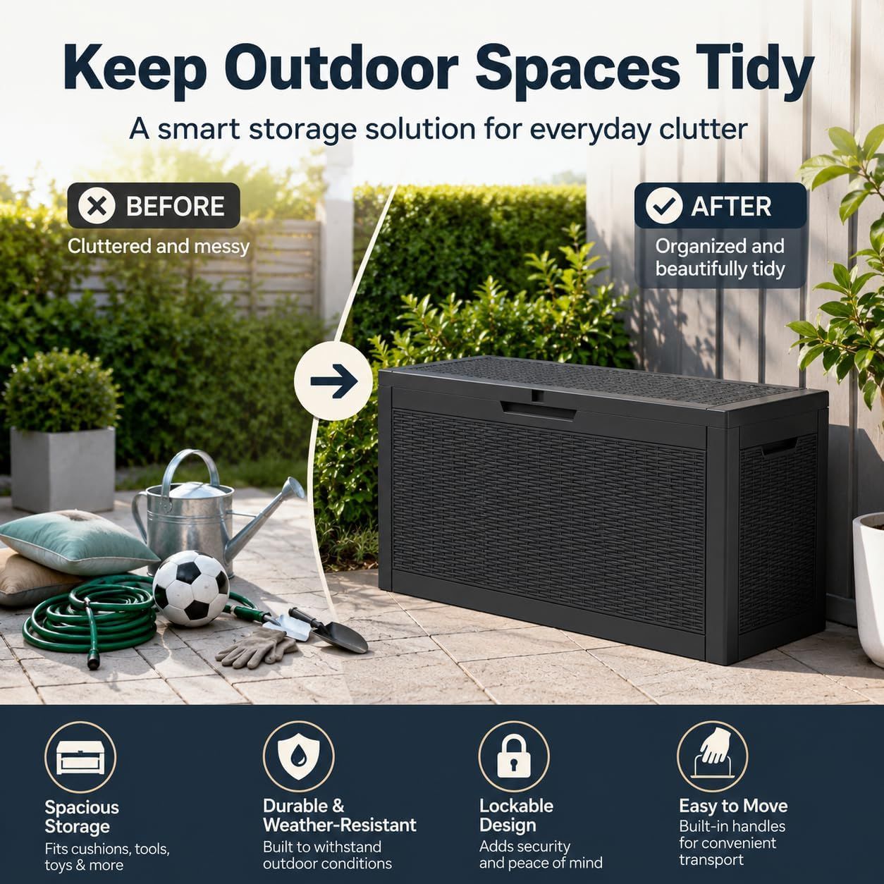 60 Gallon Outdoor Storage Deck Box, 227L Resin Patio Storage Box with Lockable Lid, Waterproof-Look Rattan V1338-WAK0074