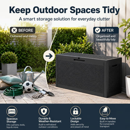 60 Gallon Outdoor Storage Deck Box, 227L Resin Patio Storage Box with Lockable Lid, Waterproof-Look Rattan V1338-WAK0074