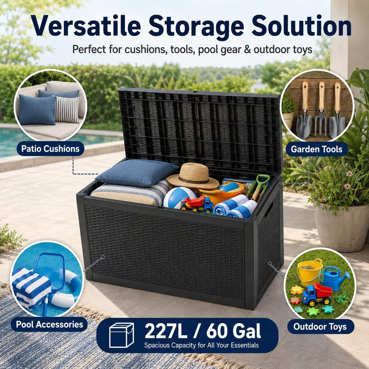 60 Gallon Outdoor Storage Deck Box, 227L Resin Patio Storage Box with Lockable Lid, Waterproof-Look Rattan V1338-WAK0074