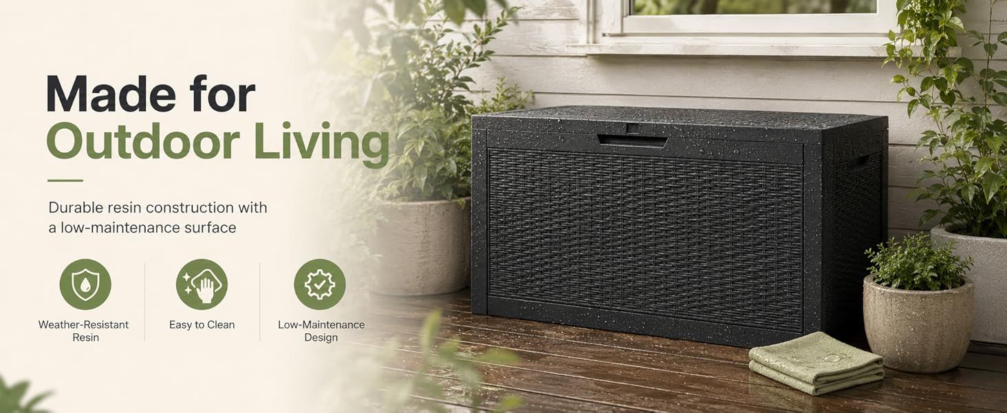 60 Gallon Outdoor Storage Deck Box, 227L Resin Patio Storage Box with Lockable Lid, Waterproof-Look Rattan V1338-WAK0074