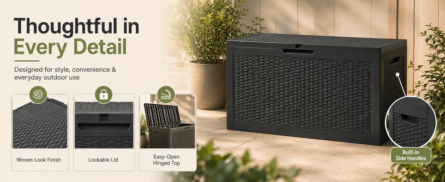 60 Gallon Outdoor Storage Deck Box, 227L Resin Patio Storage Box with Lockable Lid, Waterproof-Look Rattan V1338-WAK0074