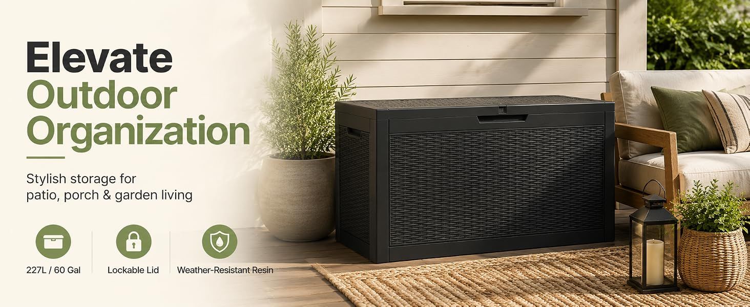 60 Gallon Outdoor Storage Deck Box, 227L Resin Patio Storage Box with Lockable Lid, Waterproof-Look Rattan V1338-WAK0074