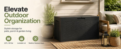 60 Gallon Outdoor Storage Deck Box, 227L Resin Patio Storage Box with Lockable Lid, Waterproof-Look Rattan V1338-WAK0074