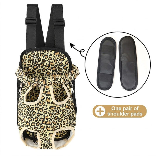 Portable Pet Front Chest Backpack for Small Dogs and Cats – Hands-Free Travel Carrier with Adjustable Straps, Breathable Mesh, and Padded Shoulder Pads for Comfortable Outdoor Adventures (M, Leopardprint)