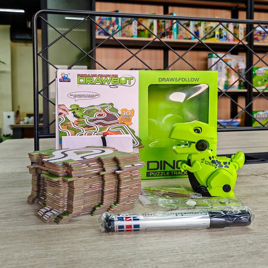 Dinosaur Maze Racing Toy Set for Kids Ages 3+ – Track Puzzle Assembly with Two Q-Style T-Rex Cars, Line-Following Sensors, and Drawing Pen for Interactive Play and Cognitive Development (Green)