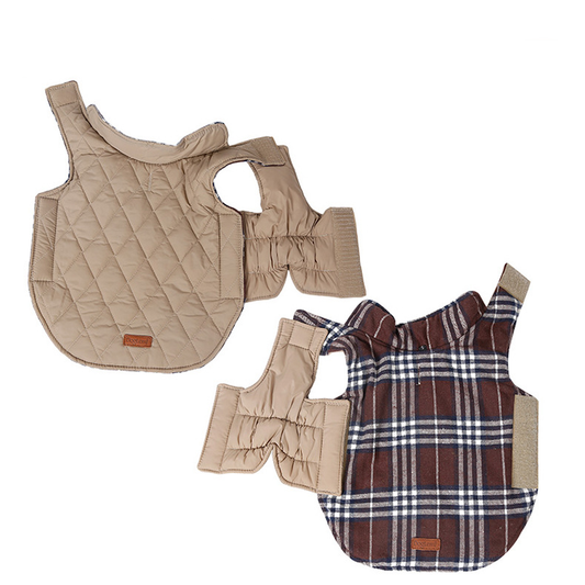 Reversible Winter Dog Coat with Plaid and Quilted Sides, Warm Cotton-Filled Vest for Outdoor Walks, Adjustable Velcro Straps for a Secure Fit (L, Beige)