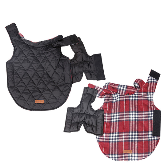 Reversible Winter Dog Coat with Plaid and Quilted Sides, Warm Cotton-Filled Vest for Outdoor Walks, Adjustable Velcro Straps for a Secure Fit (S, Red)