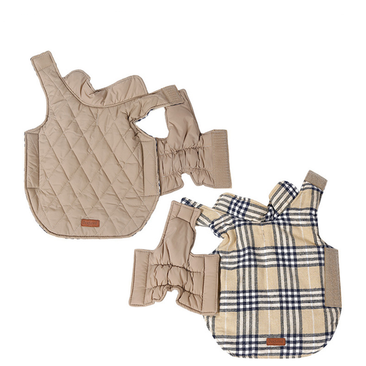 Reversible Winter Dog Coat with Plaid and Quilted Sides, Warm Cotton-Filled Vest for Outdoor Walks, Adjustable Velcro Straps for a Secure Fit (XS, Beige)