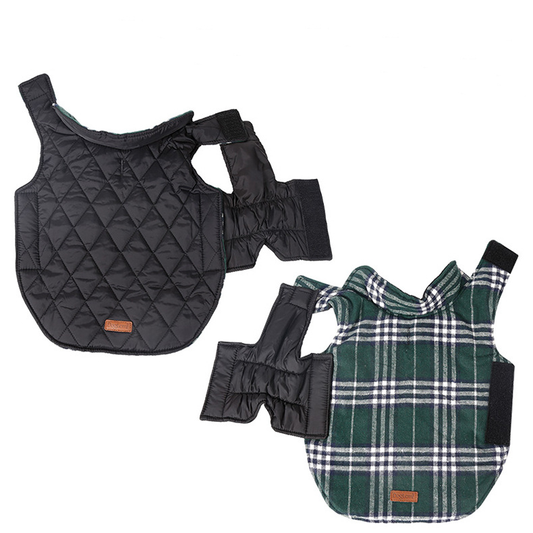Reversible Winter Dog Coat with Plaid and Quilted Sides, Warm Cotton-Filled Vest for Outdoor Walks, Adjustable Velcro Straps for a Secure Fit (XS, Green)