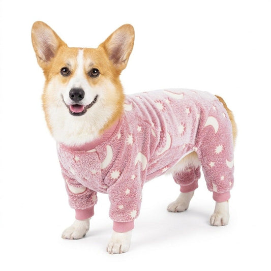 Cozy Winter Pet Fleece Four-Legged Bodysuit, Warm Flannel Full-Body Pajamas for Small to Medium Dogs, Star & Moon Print, Elastic Cuffs for Easy Wear (3XL, Pink)