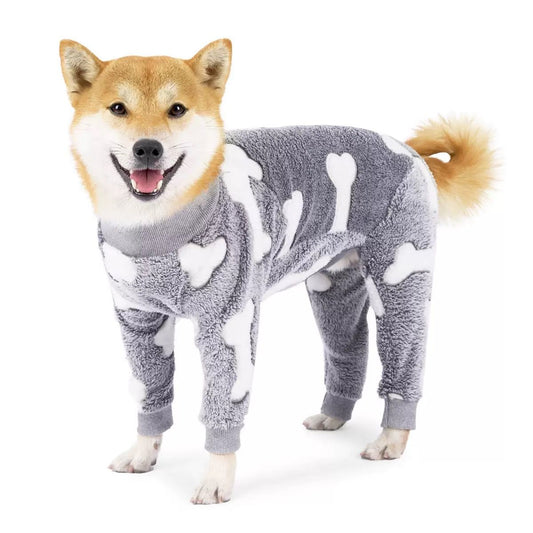 Cozy Winter Pet Fleece Four-Legged Bodysuit, Warm Flannel Full-Body Pajamas for Small to Medium Dogs, Star & Moon Print, Elastic Cuffs for Easy Wear (S, Grey)