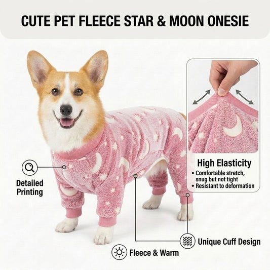 Cozy Winter Pet Fleece Four-Legged Bodysuit, Warm Flannel Full-Body Pajamas for Small to Medium Dogs, Star & Moon Print, Elastic Cuffs for Easy Wear (XS, Pink)