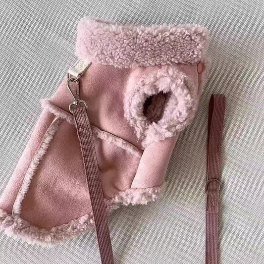 Cozy Pet Winter Vest with Leash Loop: Faux Suede & Plush Fleece Warm Coat for Small Dogs, Cats, and Puppies – Perfect for Autumn, Winter Walks, and Indoor Comfort (XL, Pink)(Leash not included)
