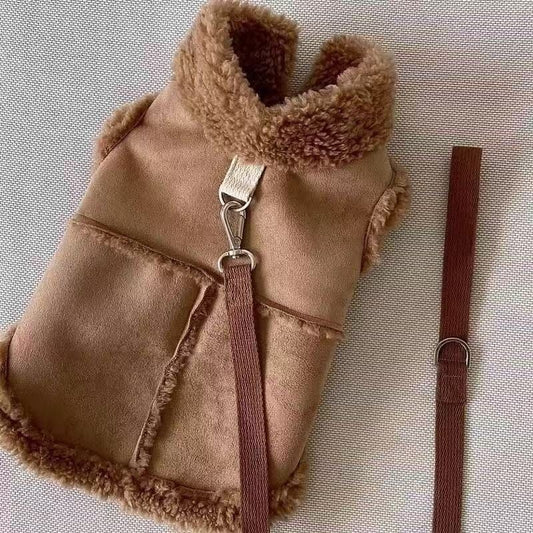 Cozy Pet Winter Vest with Leash Loop: Faux Suede & Plush Fleece Warm Coat for Small Dogs, Cats, and Puppies – Perfect for Autumn, Winter Walks, and Indoor Comfort (XS, Brown)(Leash not included)