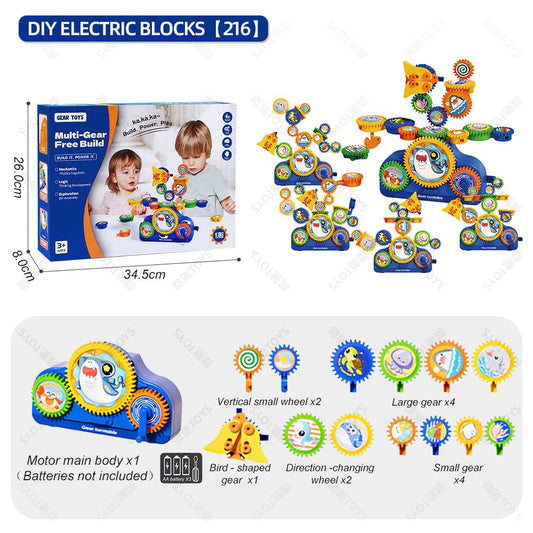 DIY Electric Gear Building Toy Set for Kids Ages 3-6, Colorful Plastic Gears with Bird-Shaped Pieces, STEM Learning Kit for Boys and Girls, Perfect for Home Play, Birthday Gifts, and Preschool Education (Ocean)