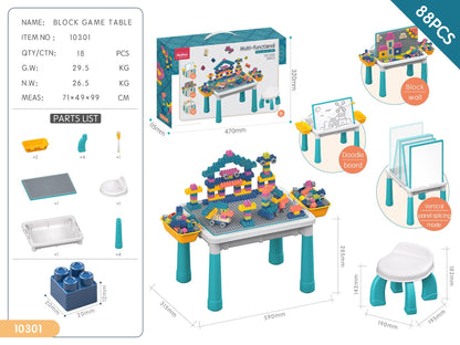 Multifunctional Kids Building Block Table Set with Storage, Compatible with 3-6 Year Olds, Includes Chair and 88-380PCS Colorful Bricks, Ideal for Learning, Drawing, Sand & Water Play (380PCS)