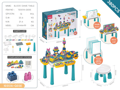 Multifunctional Kids Building Block Table Set with Storage, Compatible with 3-6 Year Olds, Includes Chair and 88-380PCS Colorful Bricks, Ideal for Learning, Drawing, Sand & Water Play (380PCS)