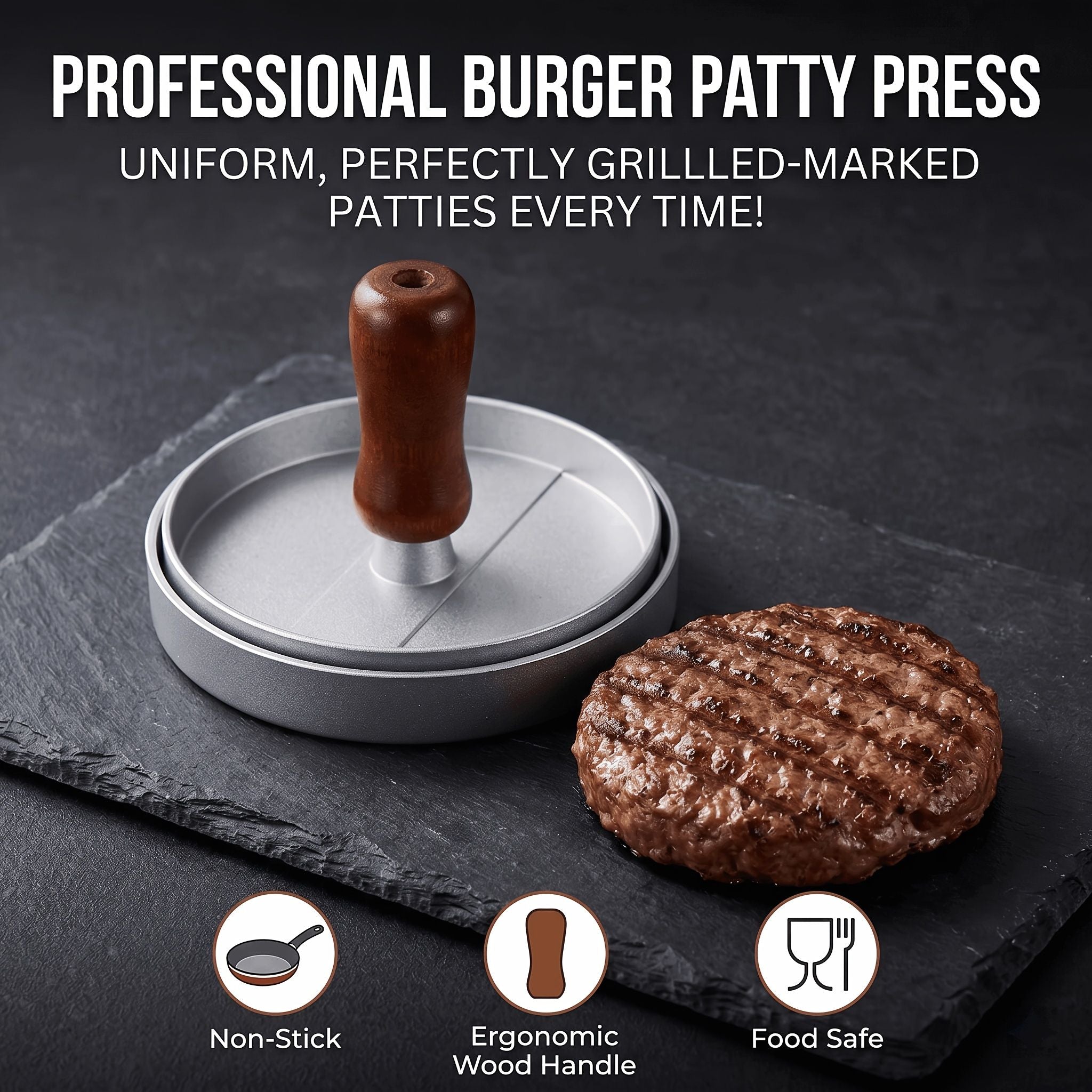 Professional 4.6-inch aluminum burger patty maker with ergonomic wooden handle, non-stick burger patty maker, V1345-SY03