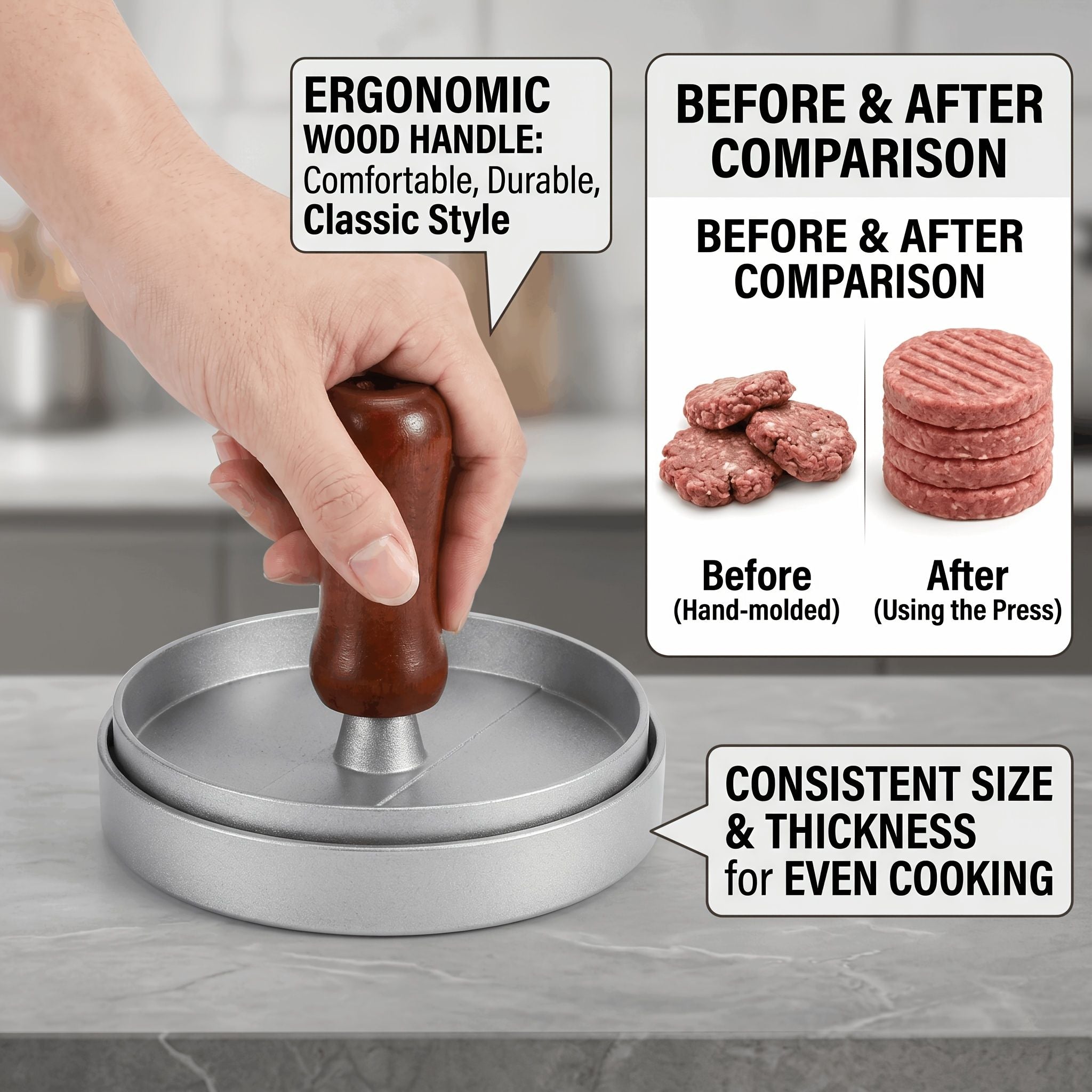 Professional 4.6-inch aluminum burger patty maker with ergonomic wooden handle, non-stick burger patty maker, V1345-SY03