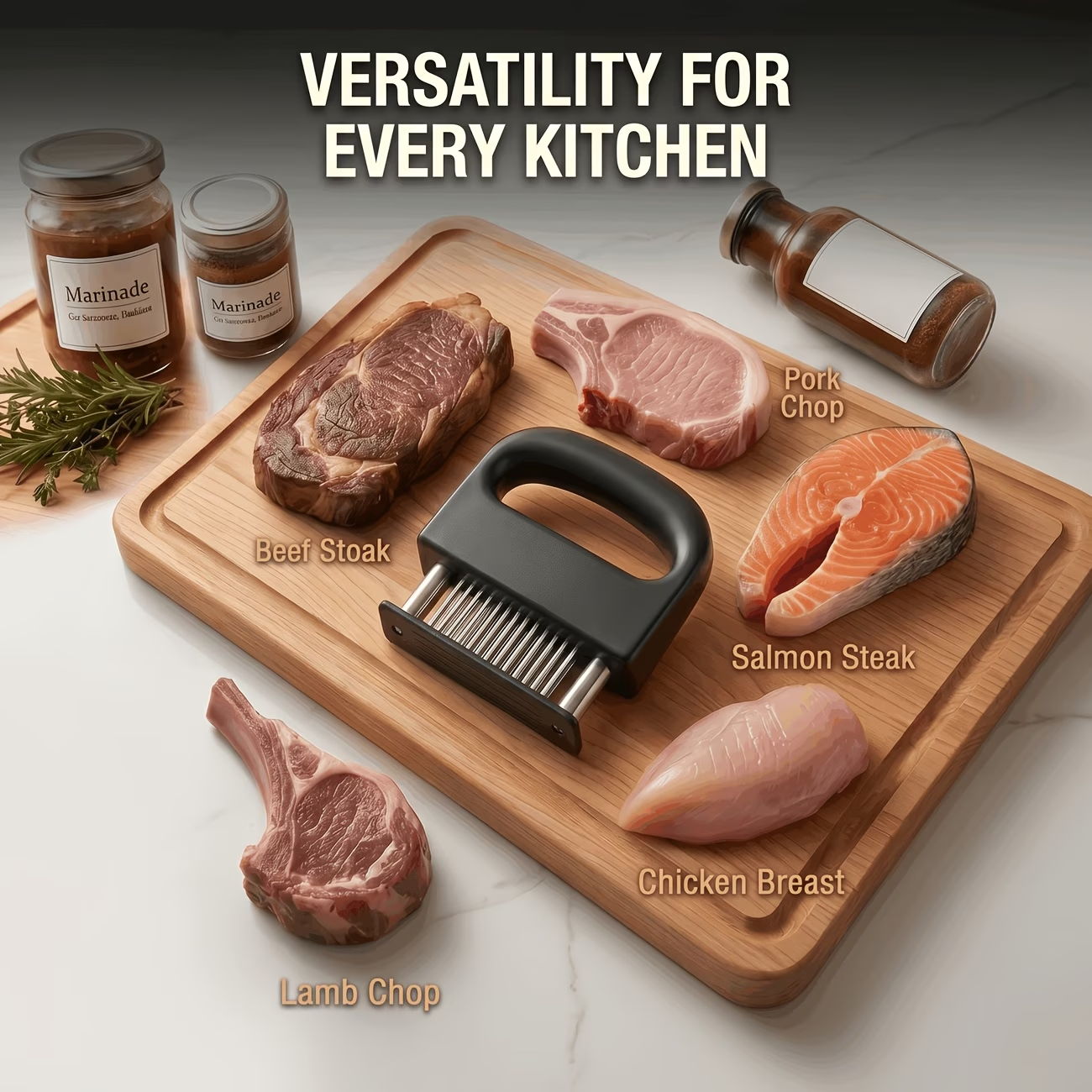 Heavy-duty meat tenderizer with 48 stainless steel needles and a locking mechanism - suitable for tenderizing V1345-SY17