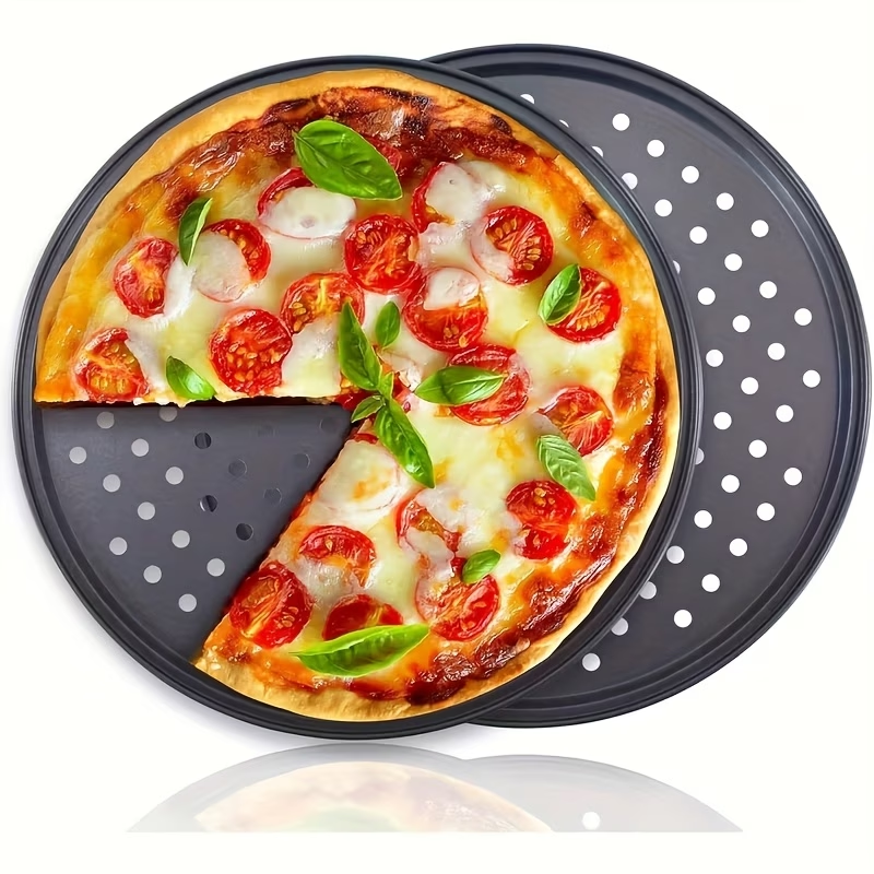 Two pizza baking pans, each 30.48 cm in diameter, feature ventilation holes for improved cooking efficiency V1345-SY54