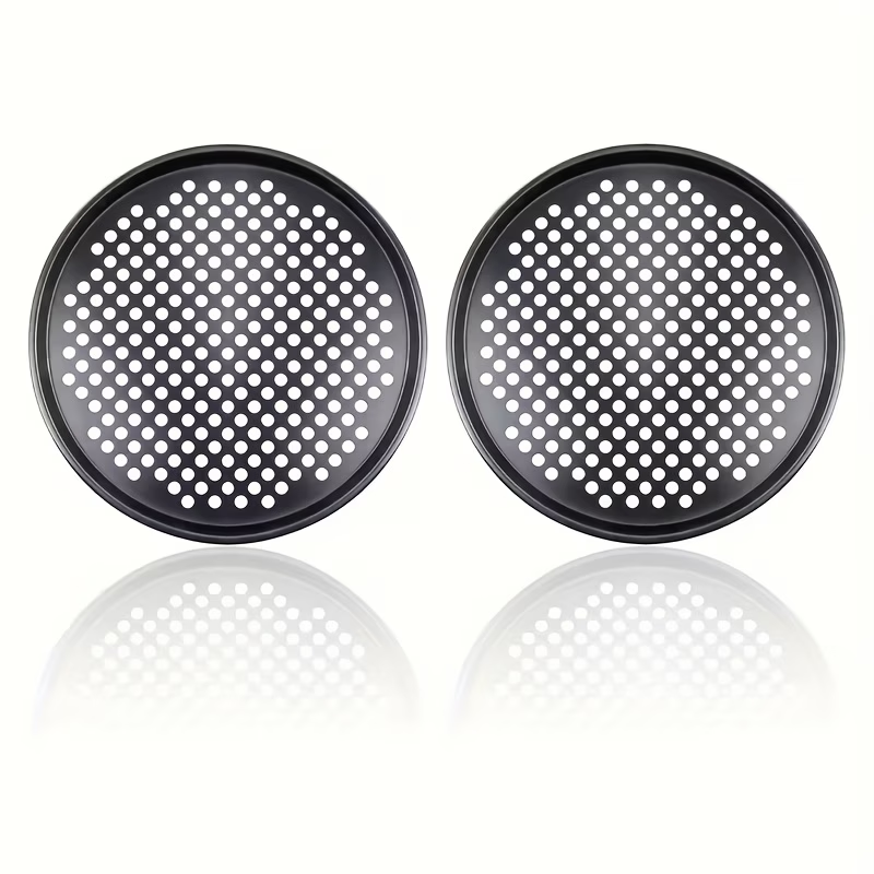 Two pizza baking pans, each 30.48 cm in diameter, feature ventilation holes for improved cooking efficiency V1345-SY54