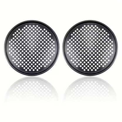 Two pizza baking pans, each 30.48 cm in diameter, feature ventilation holes for improved cooking efficiency V1345-SY54
